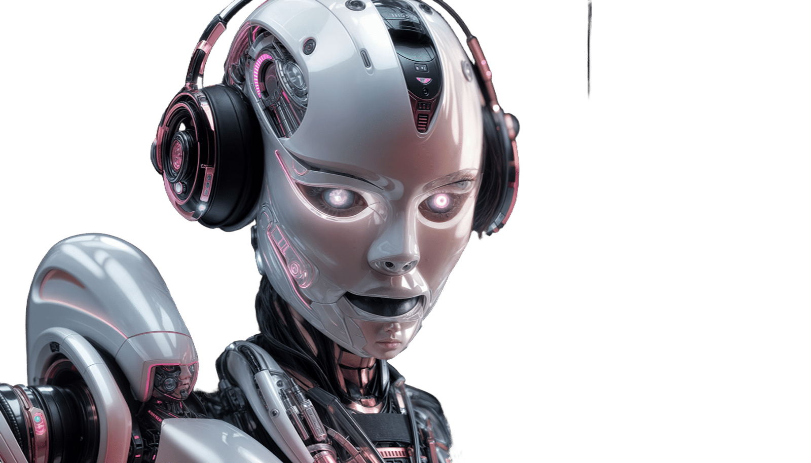 Hyperrealistic Teenage Robot with Headset in Digital Room