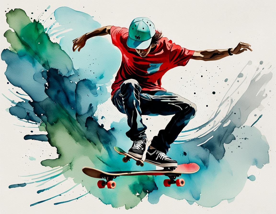 Skateboarder Ollie in Watercolor and Ink, Motion Art