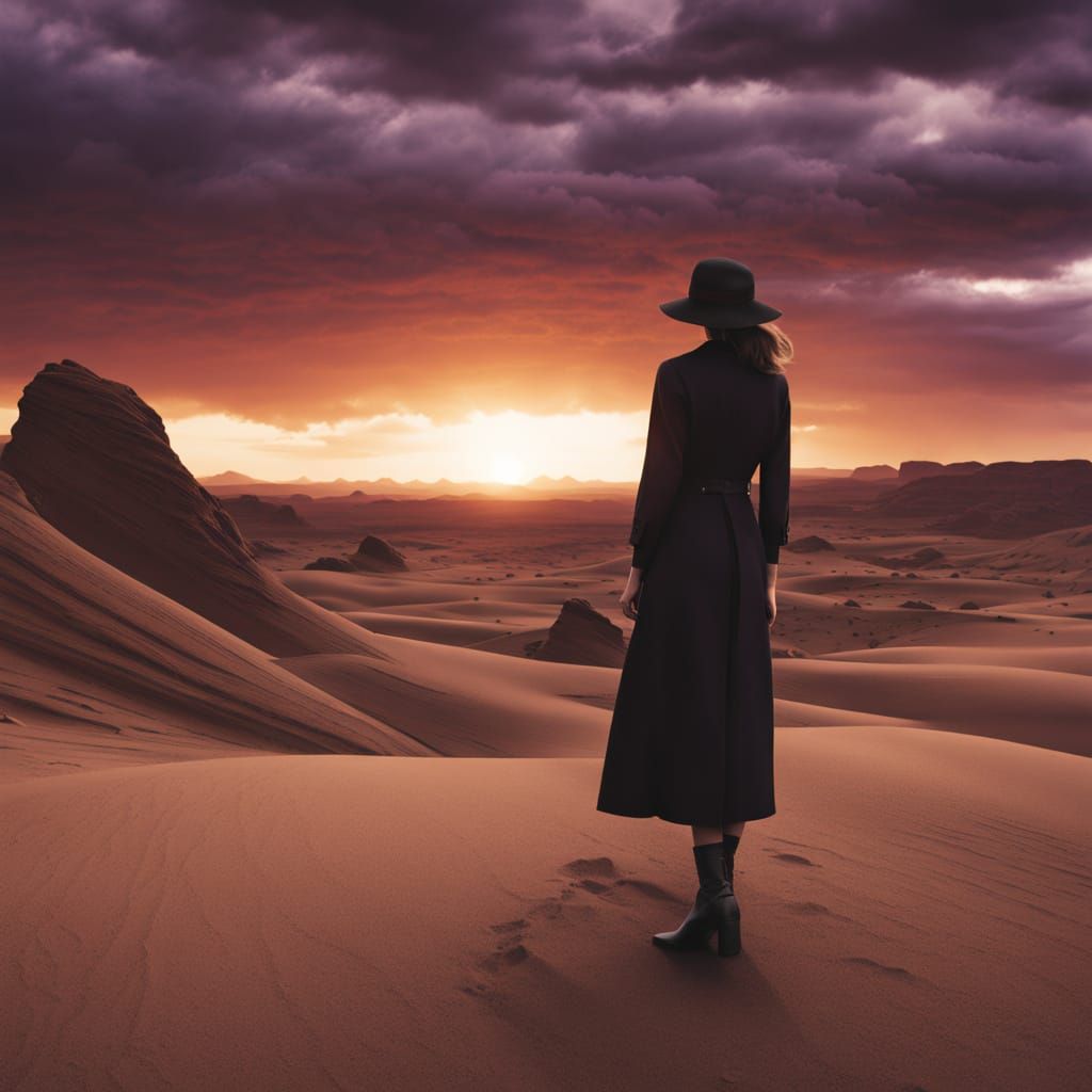 Woman Surveys Desert Sunset in Tusche Ink Wash Style