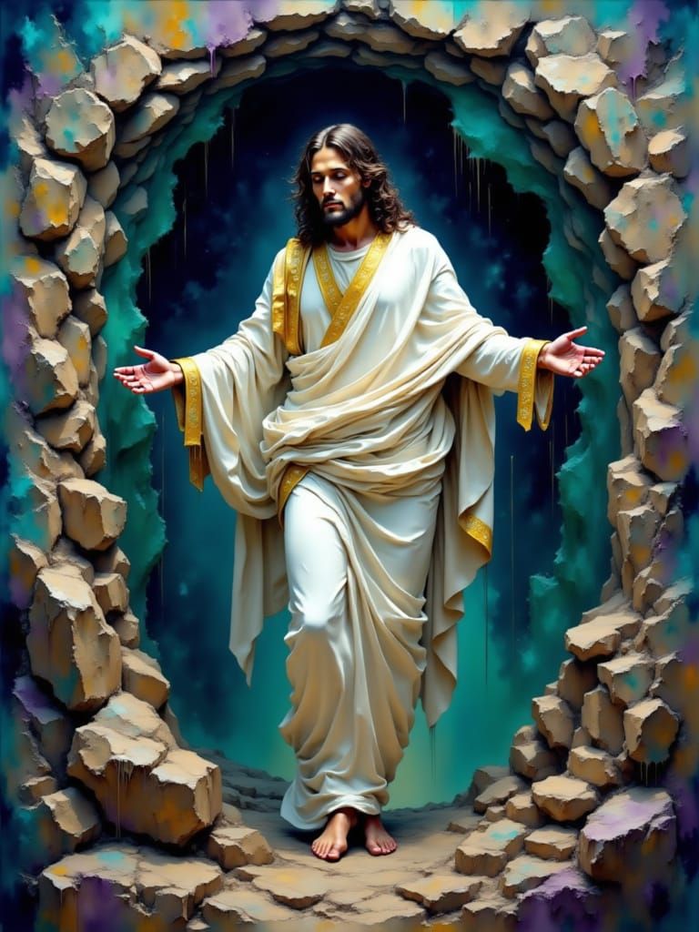 Christ Emerging from the Tomb in Vibrant, Abstract Expressio...