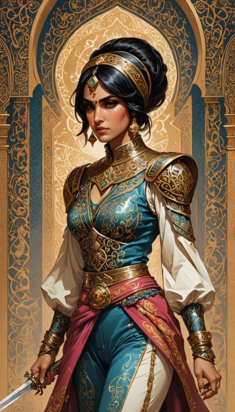 Princess Scheherazade Swordfighter in Lithograph Style