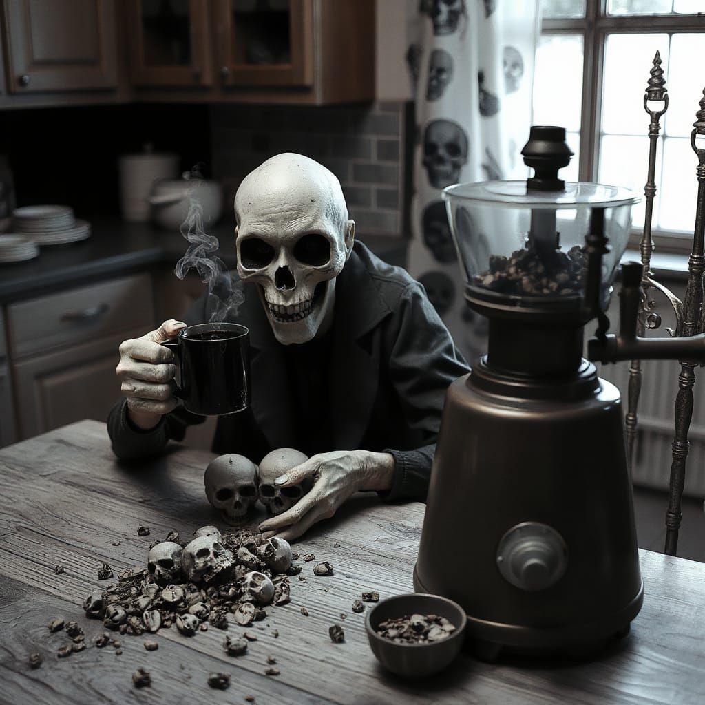 Ghoul Brews Dark Coffee in a Haunted Kitchen