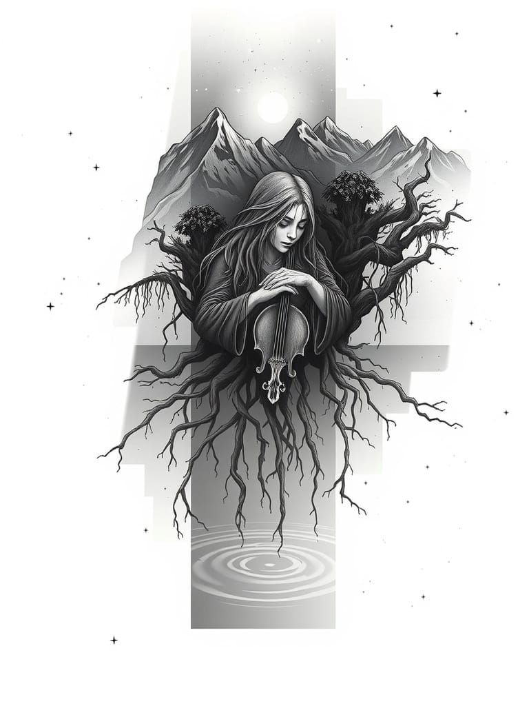 Goddess Mountain Veiled in Celestial Sky: Sepia Tattoo