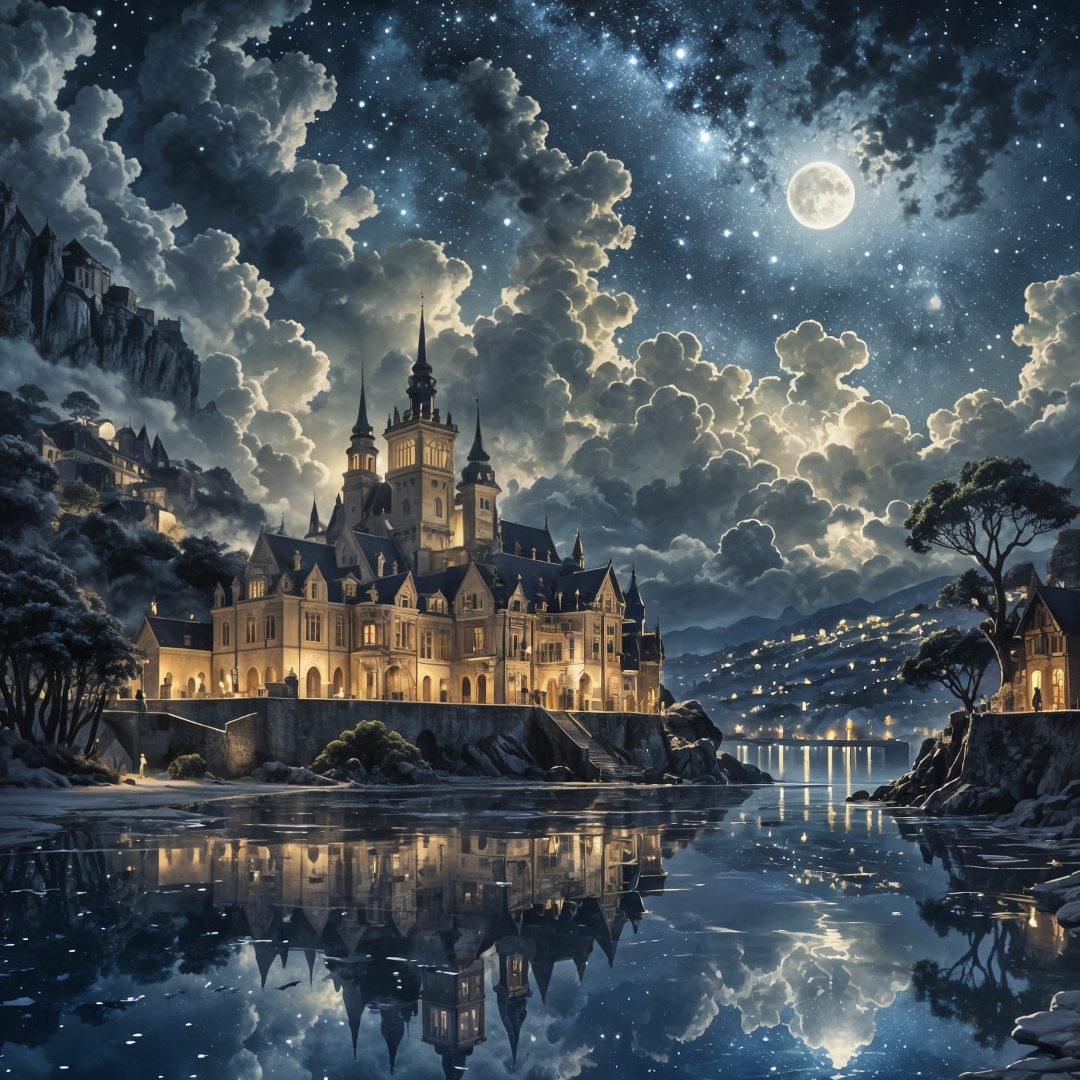 Indigo Night Town with Starry Sky, Digital Art