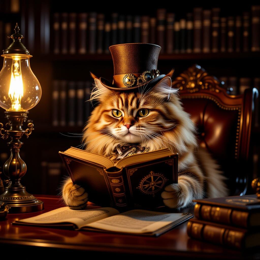 Steampunk Cat Reads Magic Book in Cozy Library