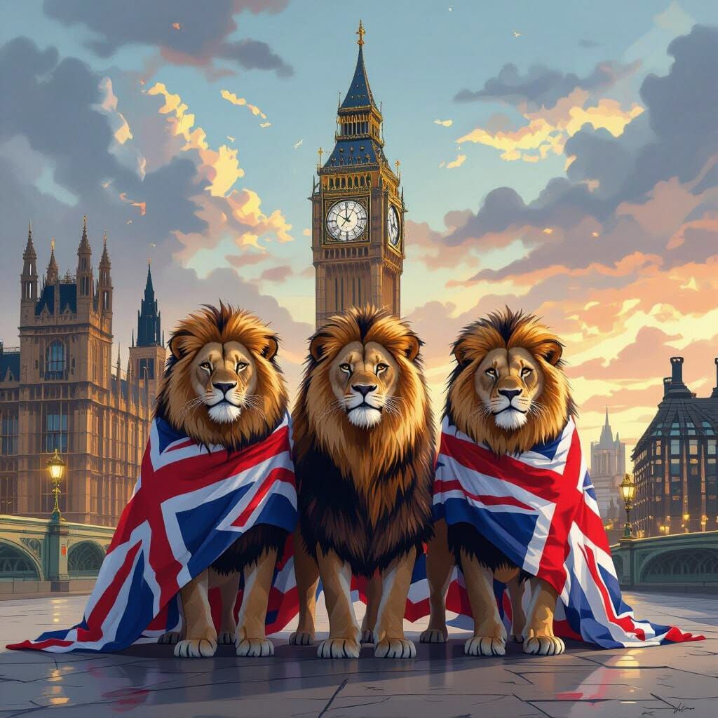 Lions with England Flag Before Big Ben in Digital Painting S...