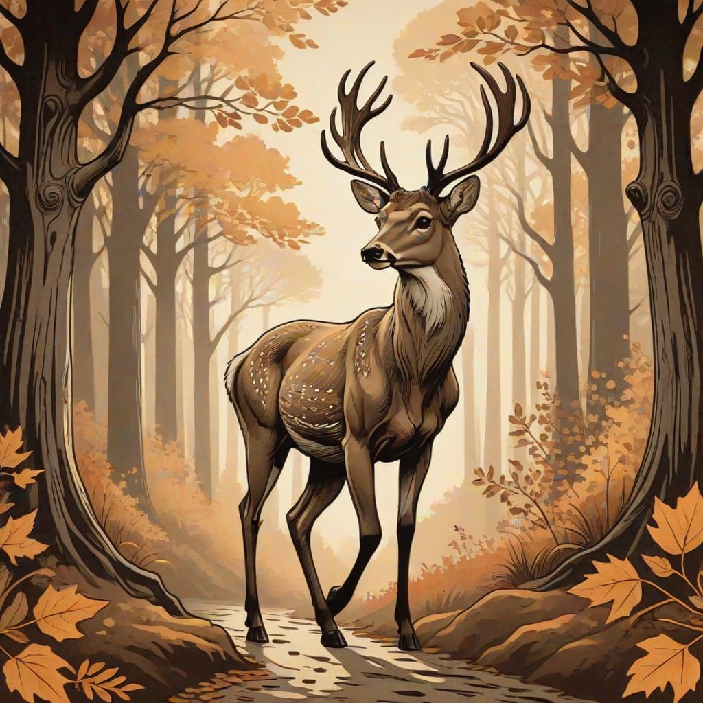 a majestic deer walking through an autumn forest Art Nouveau...