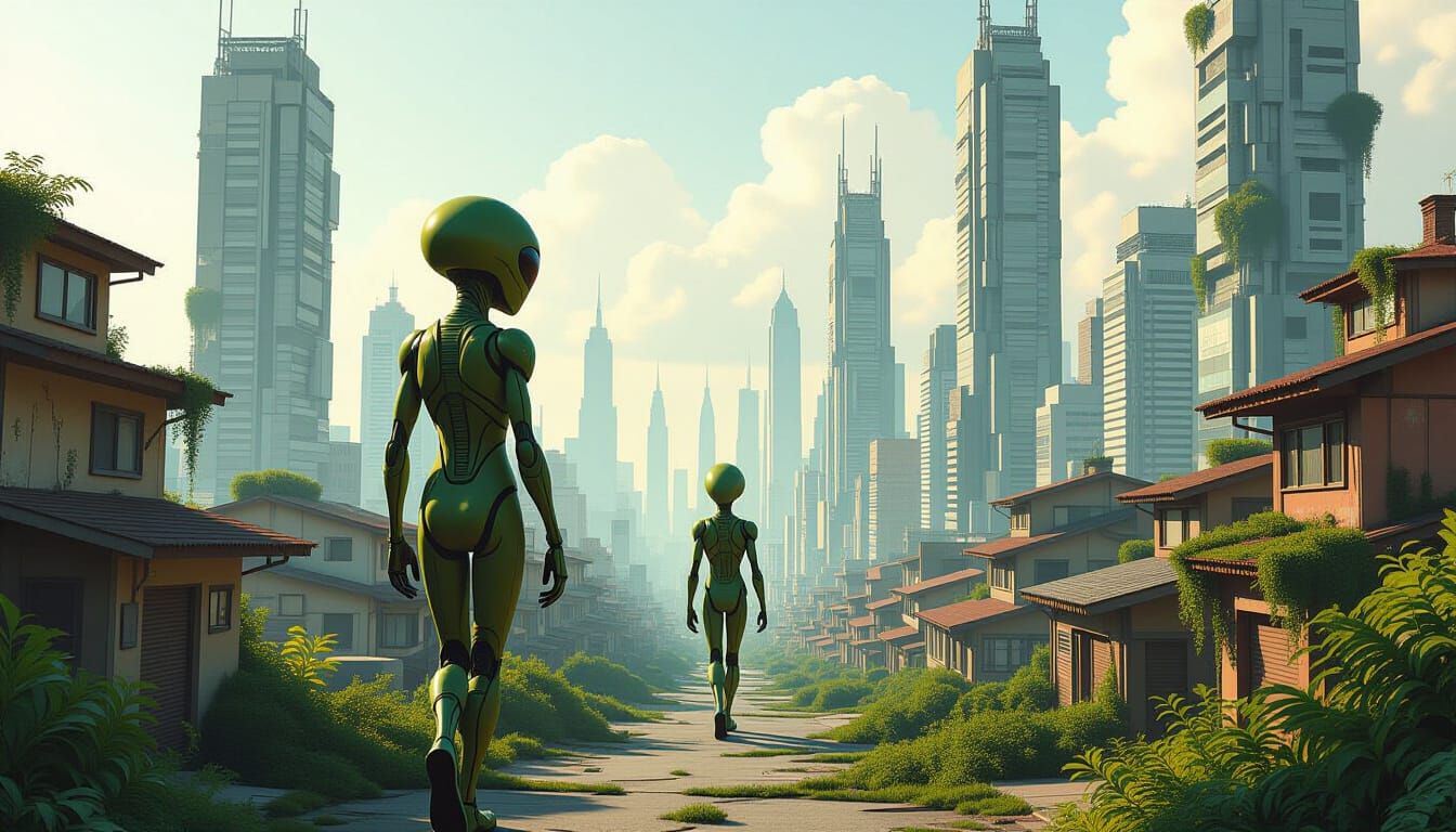 Aliens Explore Overgrown Megacity in Dystopian Landscape