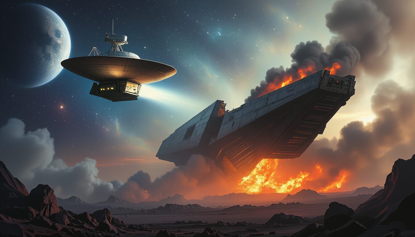 Voyager Probe Soaring Past Burning Giger-esque Ship