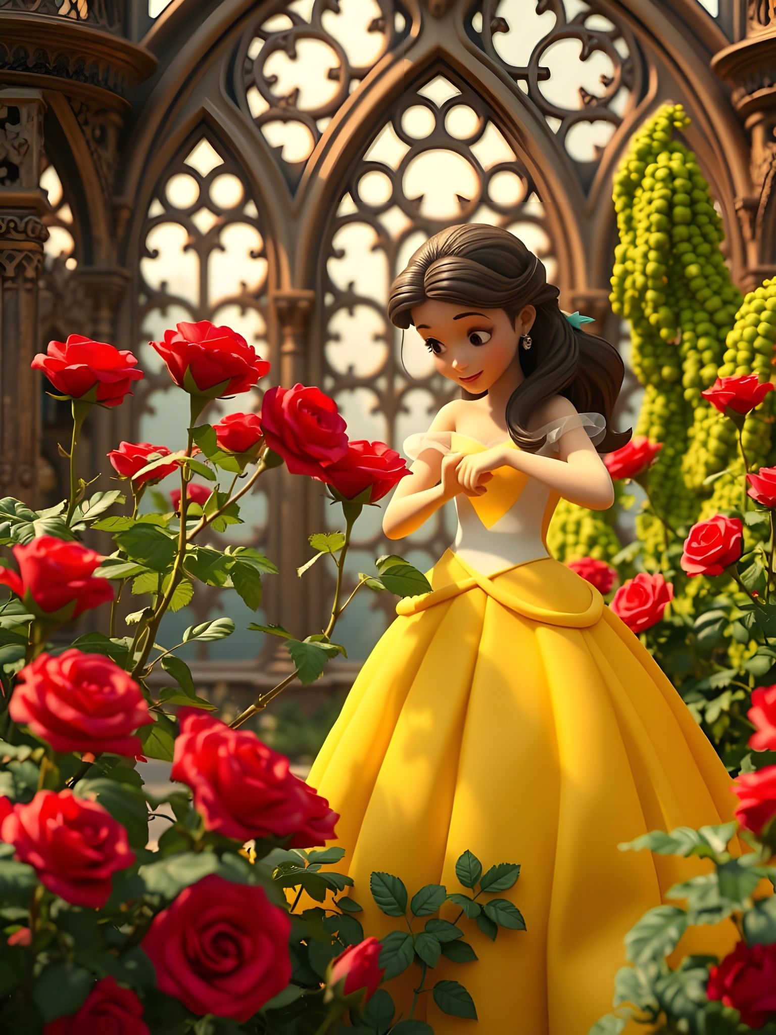 Belle in Gothic Greenhouse: A Pixar-style 3D Render