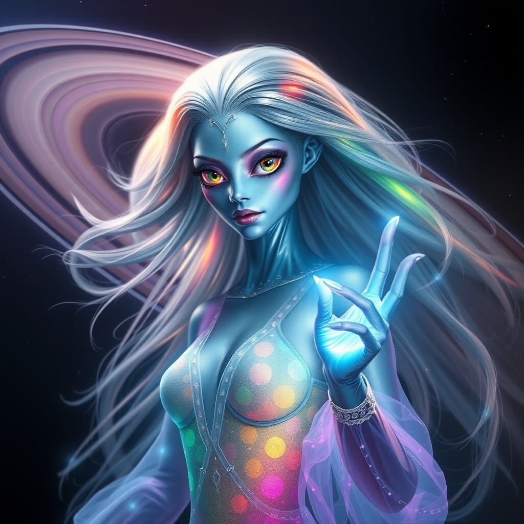Elegant Alien Woman with Saturn Rings, Ethereal Fantasy