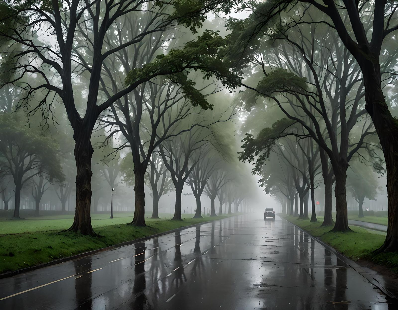 Mysterious Rain on a Tree-Canopied Avenue