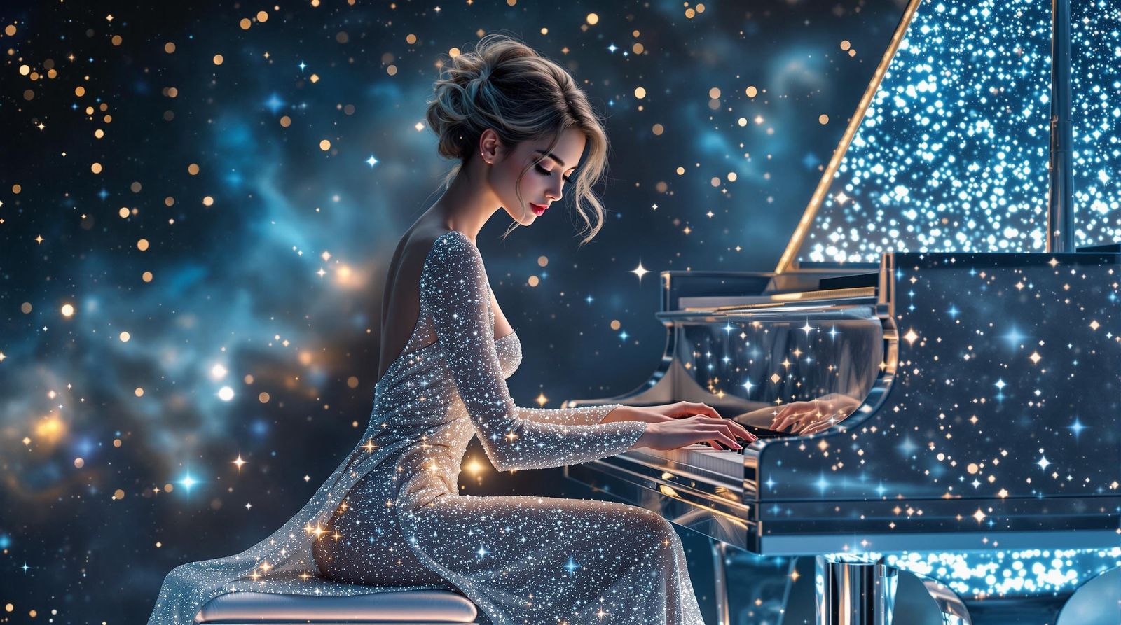 Cosmic Fantasy: Woman at Piano in Starry Gown