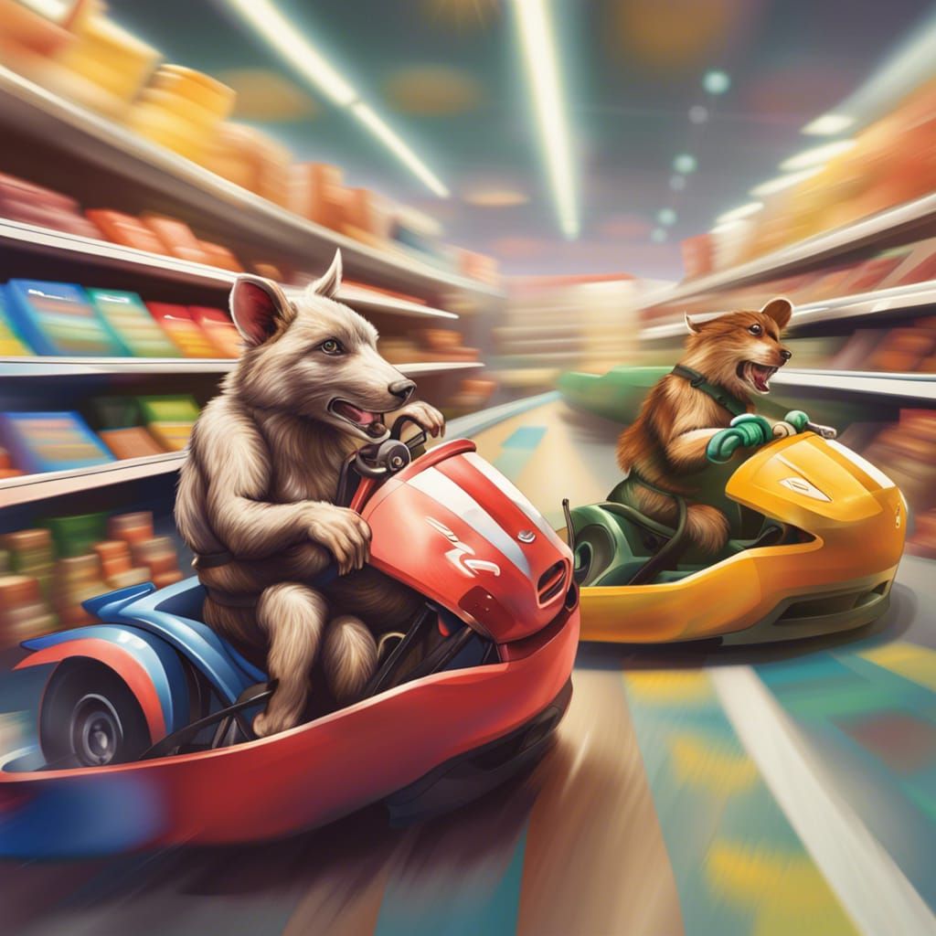 Hyperrealistic Animals Racing Karts in Supermarket