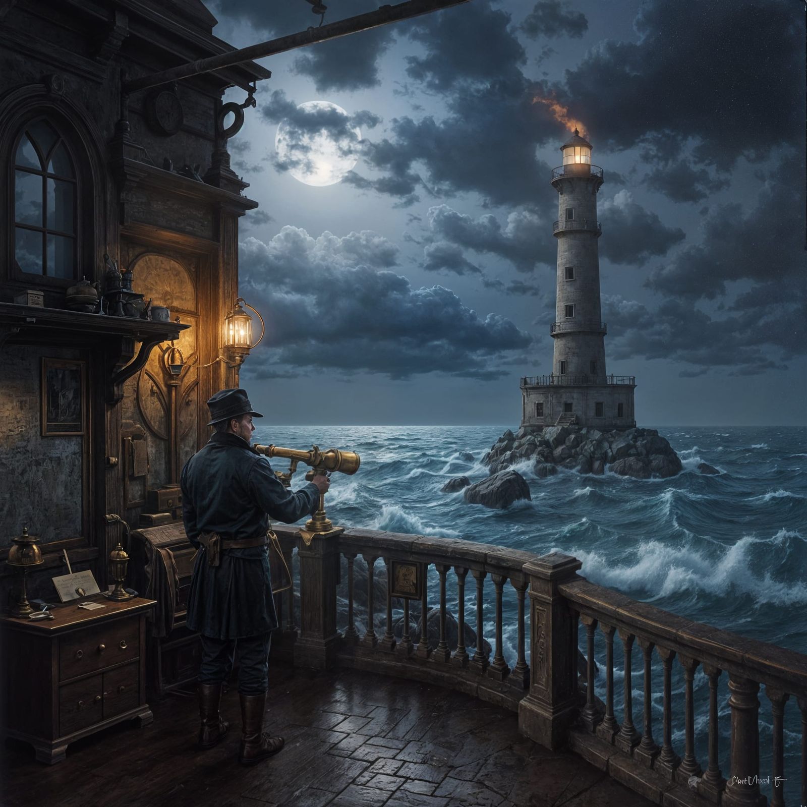 Lighthouse Keeper Polishes Telescope in Stormy Seascape