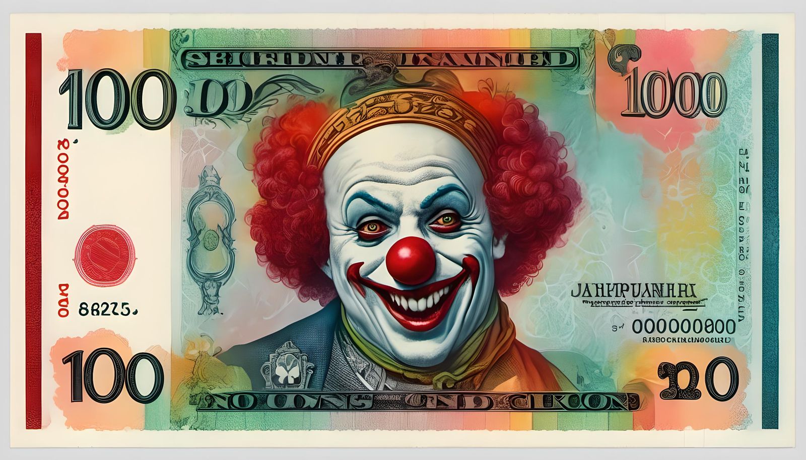 Clown Portrait on a Colorful 100 Pound Note
