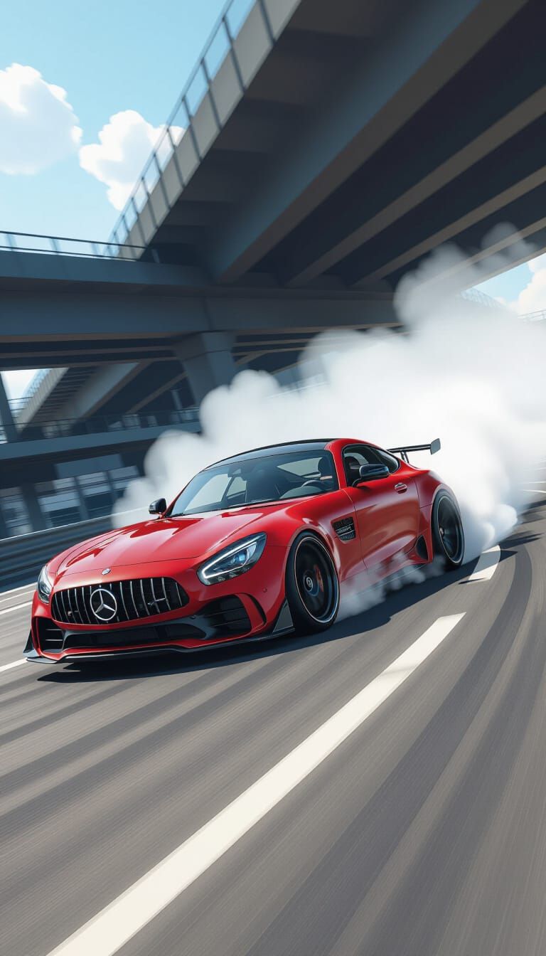 Red Mercedes-AMG GT Drifting, Futuristic Style