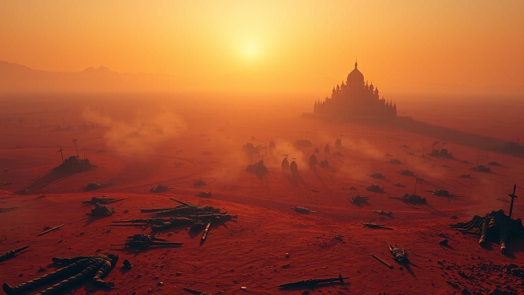 Medieval Fantasy Battlefield at Dawn with Palace of Himvara