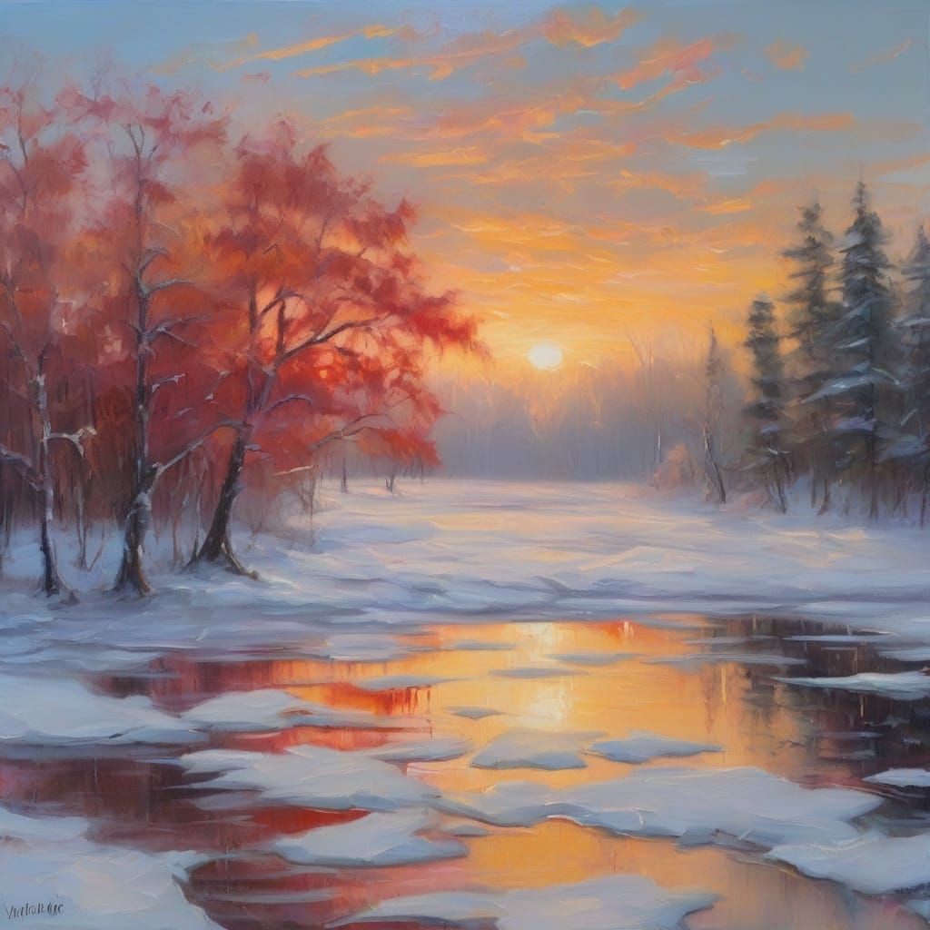 Luminous Winter Lake Oil Painting with Crimson Trees