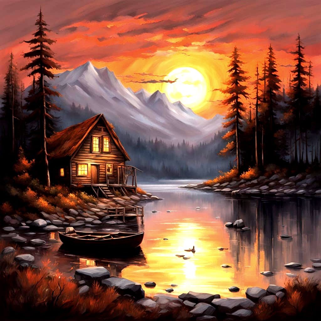 Cozy Cabin by Misty Lake Under Fiery Sunset Moon