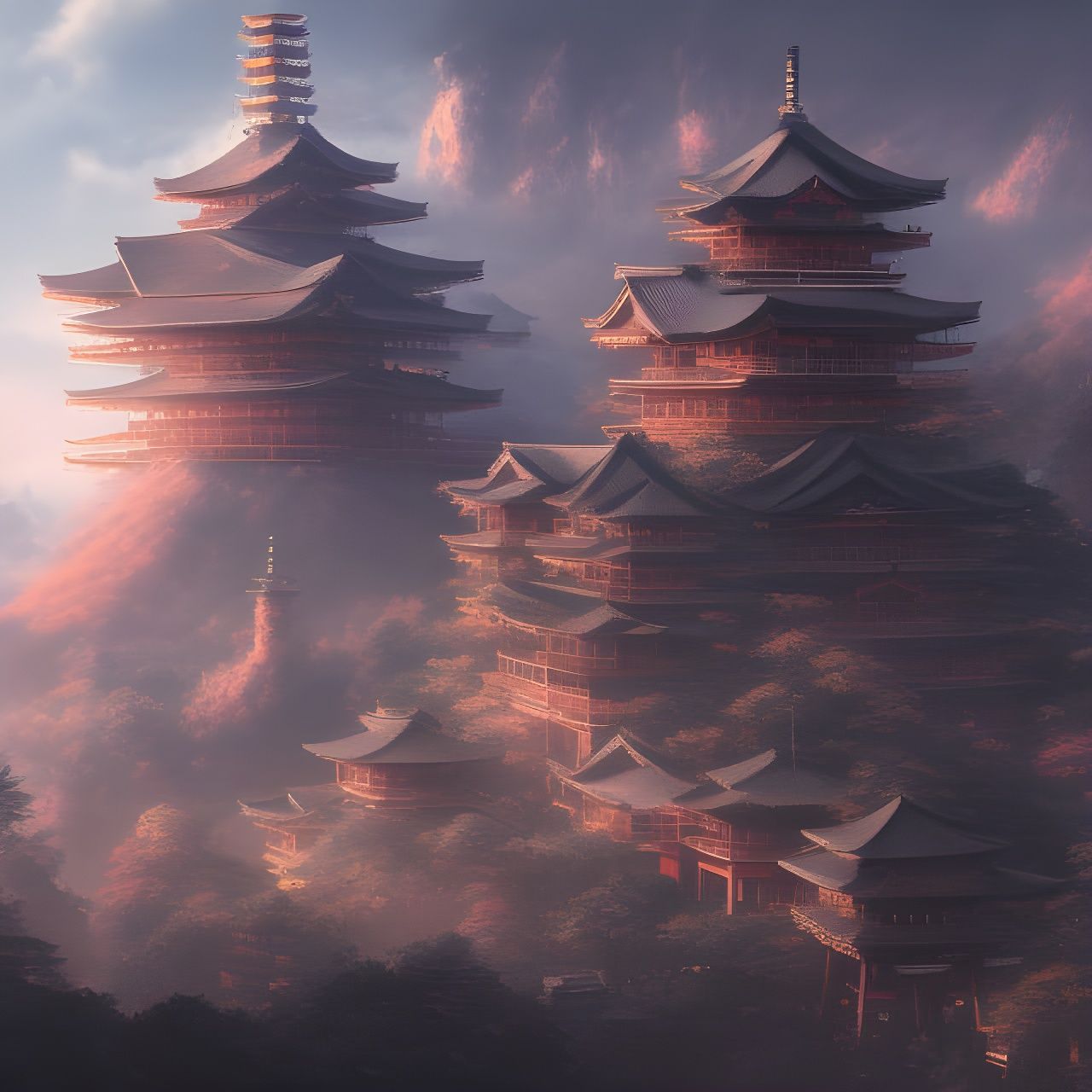 Fantastical Japan Matte Painting in Deep Color
