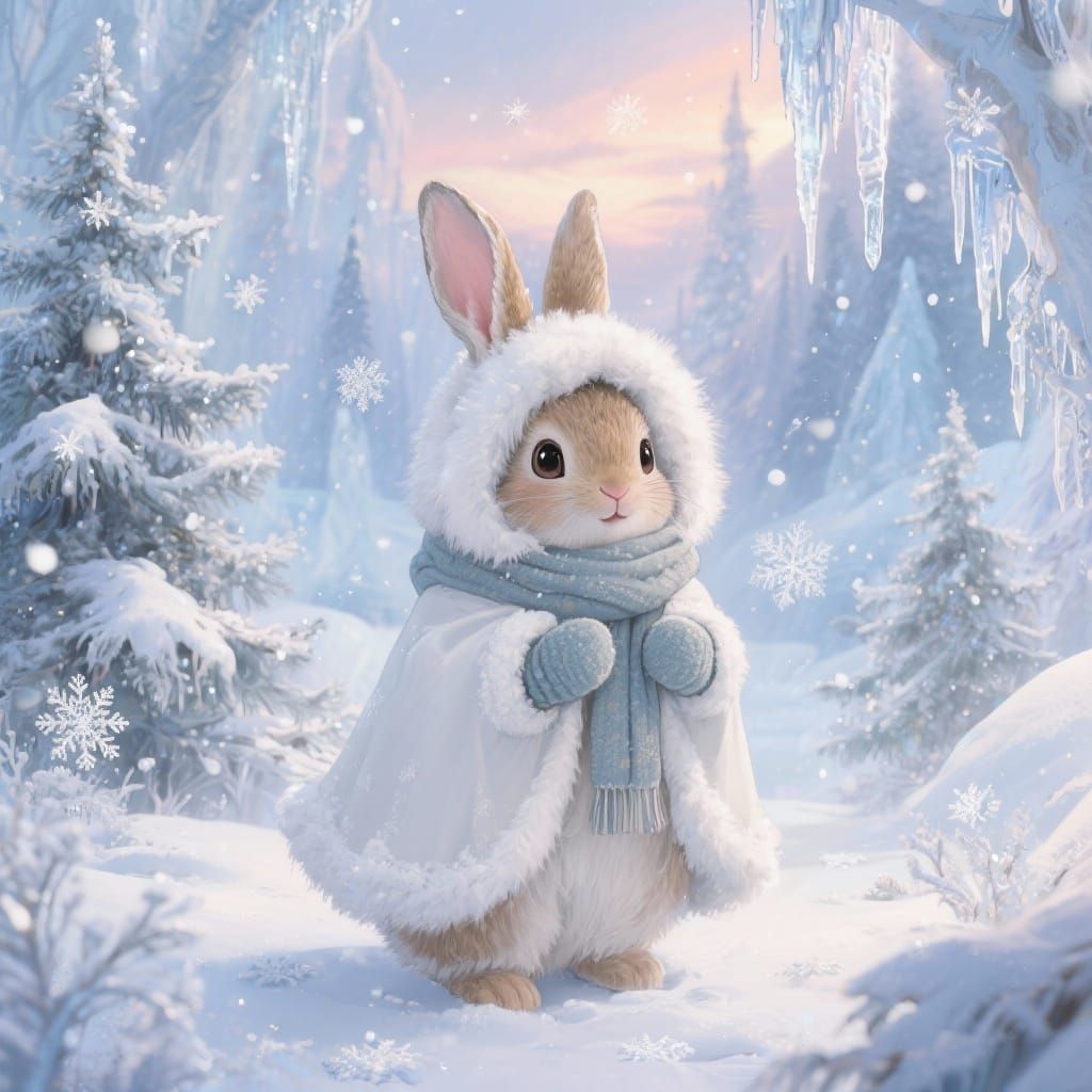 Cute Baby Bunny in Snowy Arctic Kingdom Fantasy Illustration