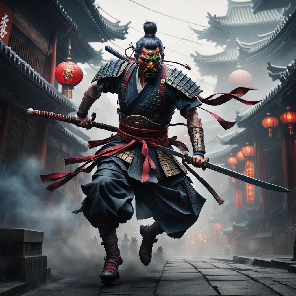 Futuristic Samurai Warrior on Foggy Chinese Street