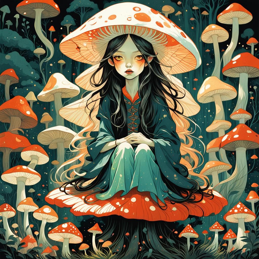 Mysterious Fae Sits on a Mushroom in Dark, High Contrast