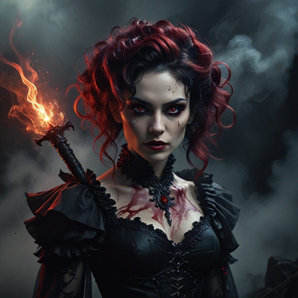 Gothic Vampire Fae Portrait with Crimson Smoke