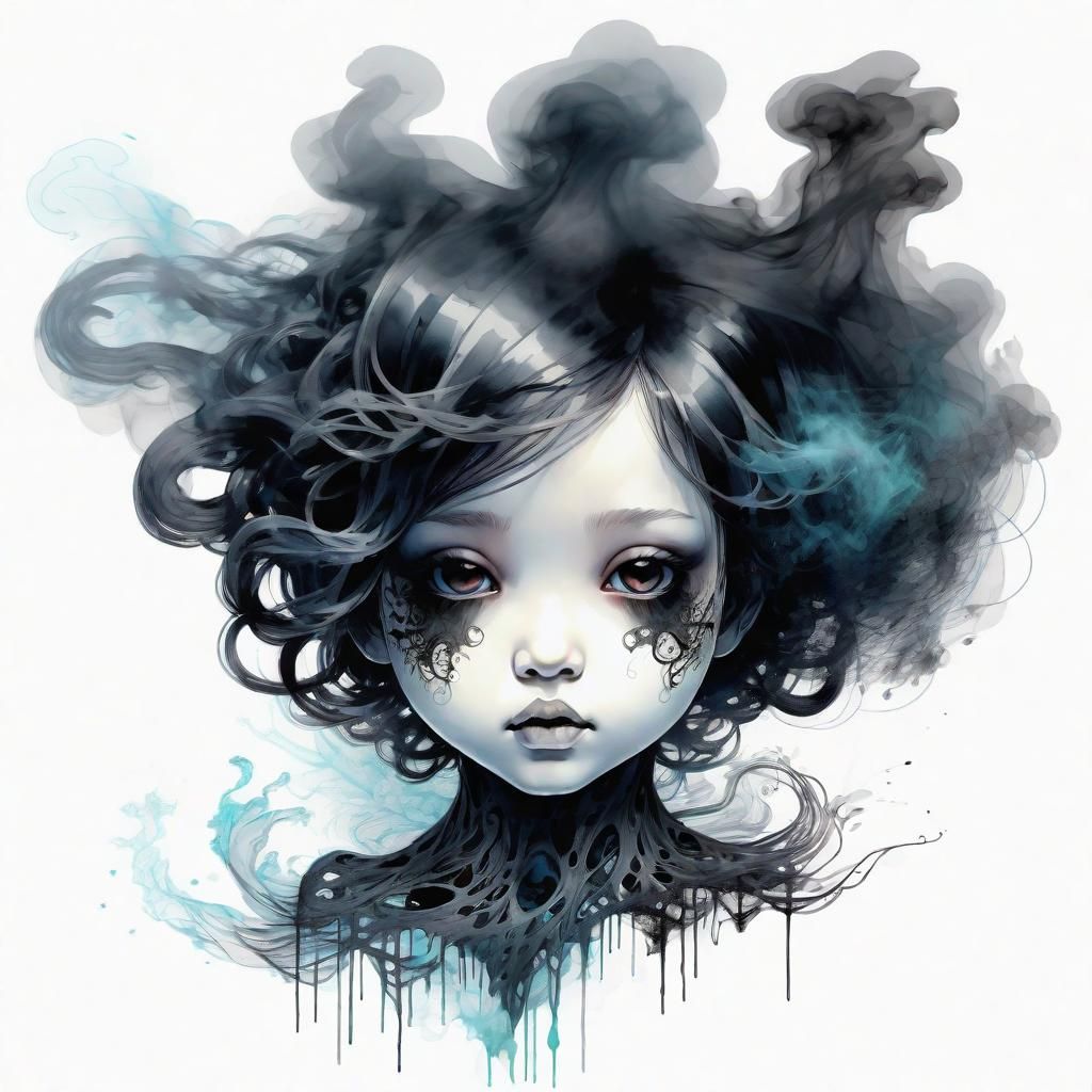 Chibi Ghost with Smoke Hair, Watercolour Style