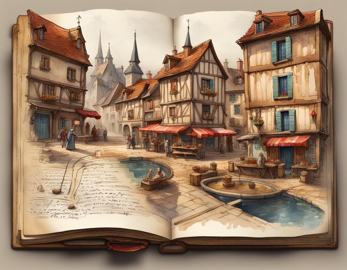 Medieval Village Market in Watercolor Style