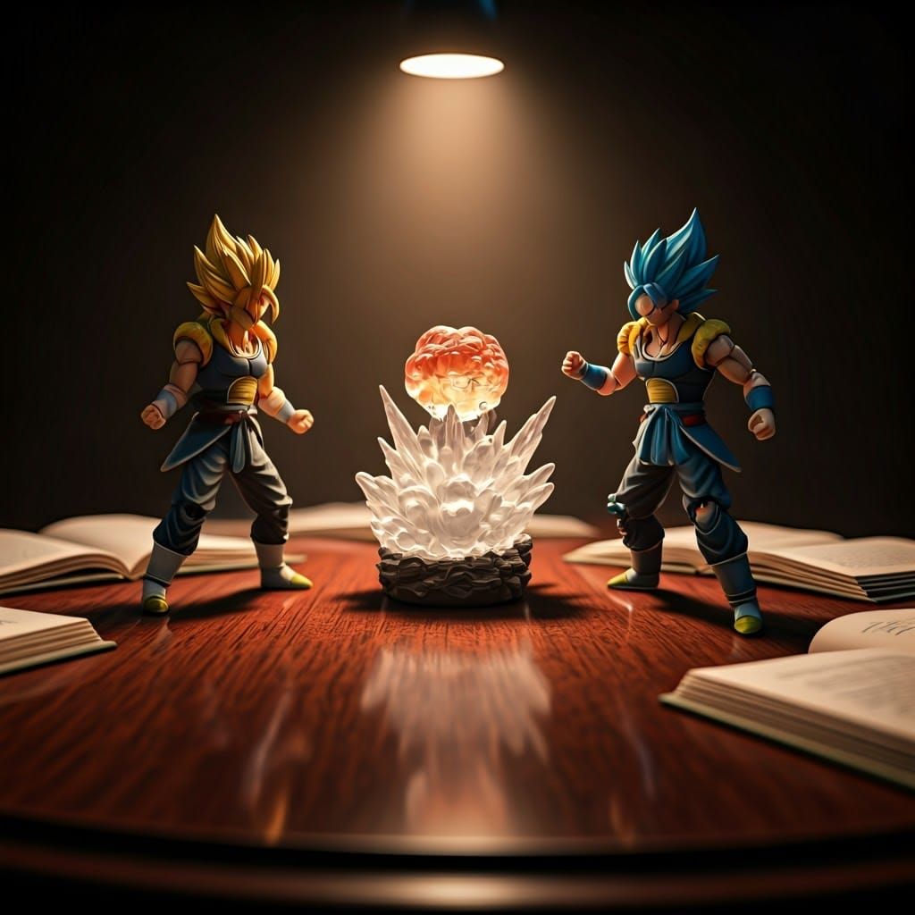 Fierce Saiyan Warriors Engage in Battle on Polished Mahogany...
