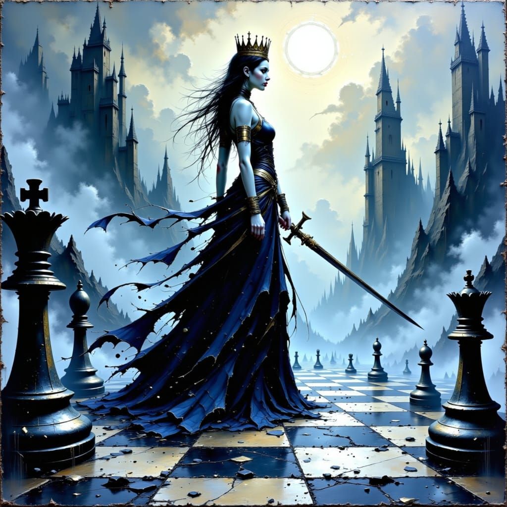 Fantasy Queen on Chessboard in Dramatic Style