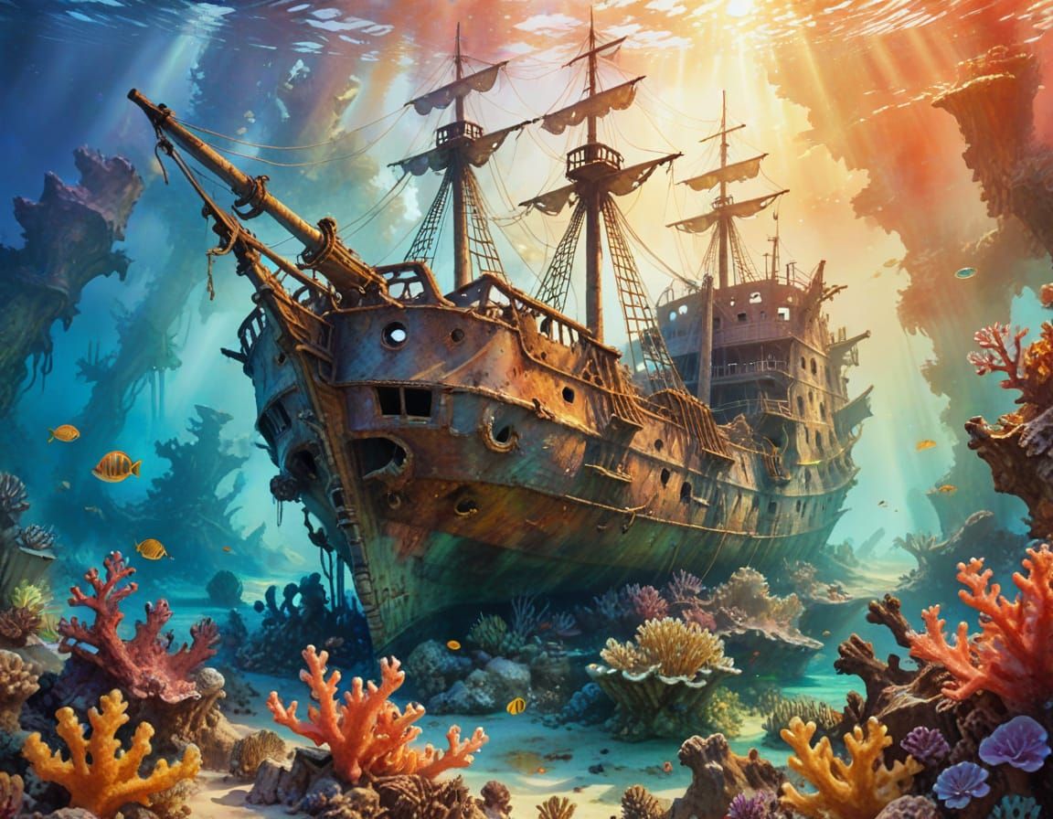 Sunlit Shipwreck: A Watercolor Painting of Marine Life