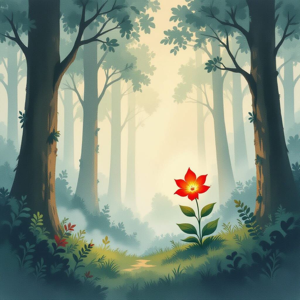 Ethereal Foggy Forest with Glowing Red Flower