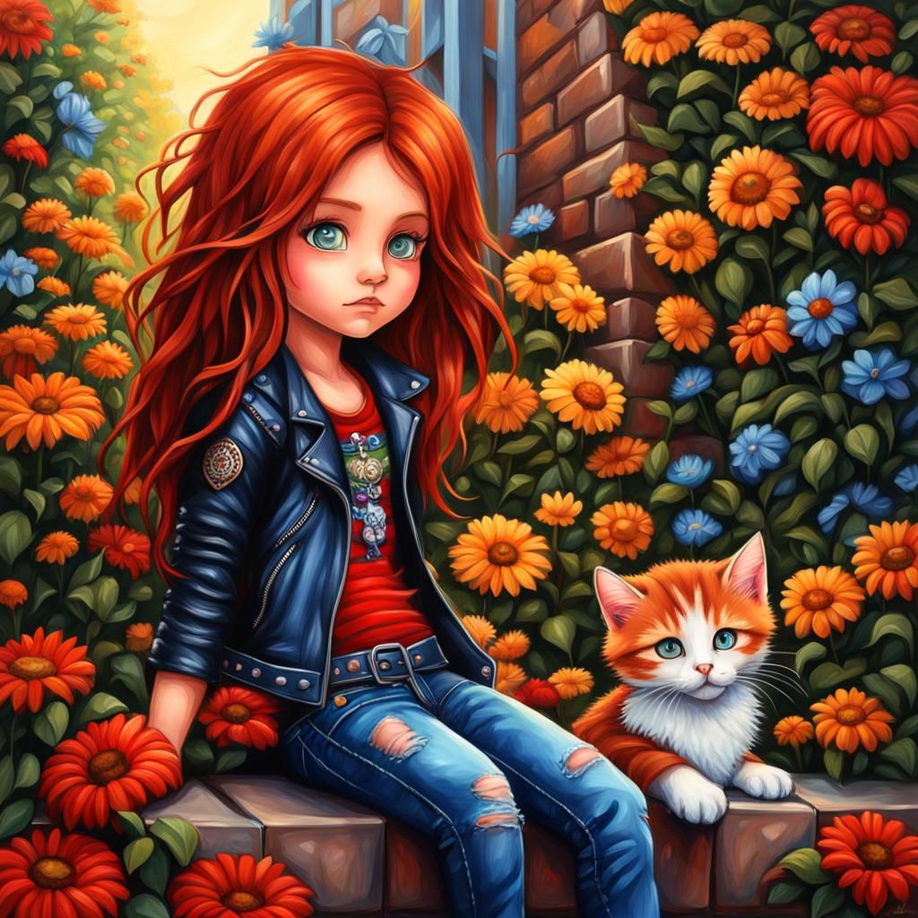 Chibi Heavy Metal Girl at Flower Festival in Oil Painting St...