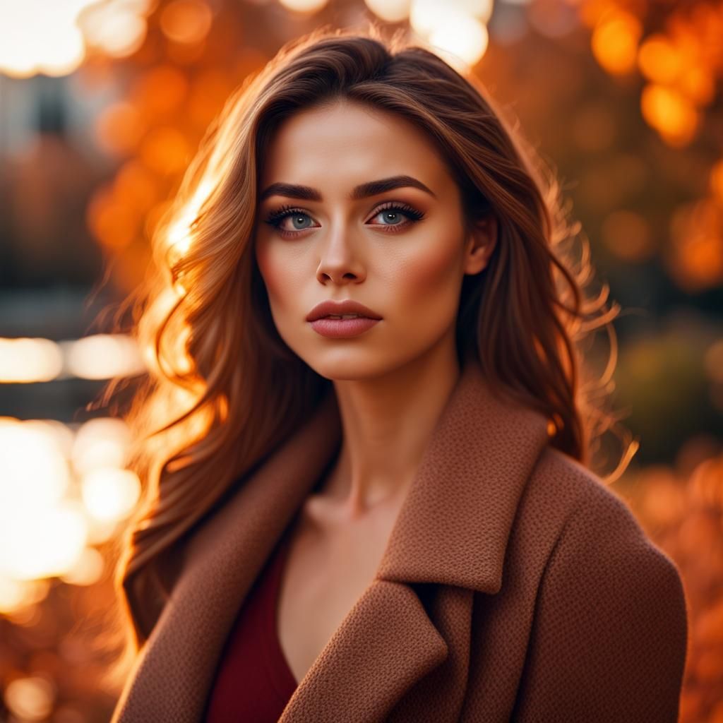 Beautiful Woman in Autumn City Park at Sunset