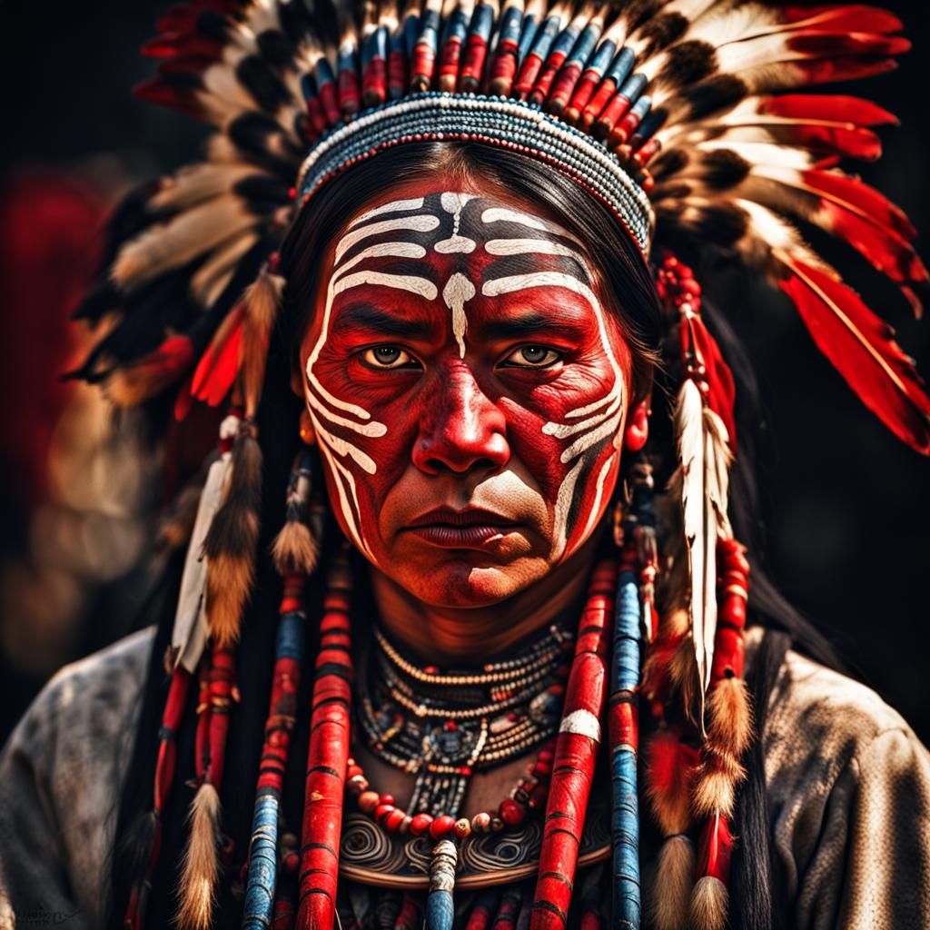 Native Woman Portrait with Red Handprint Face Paint