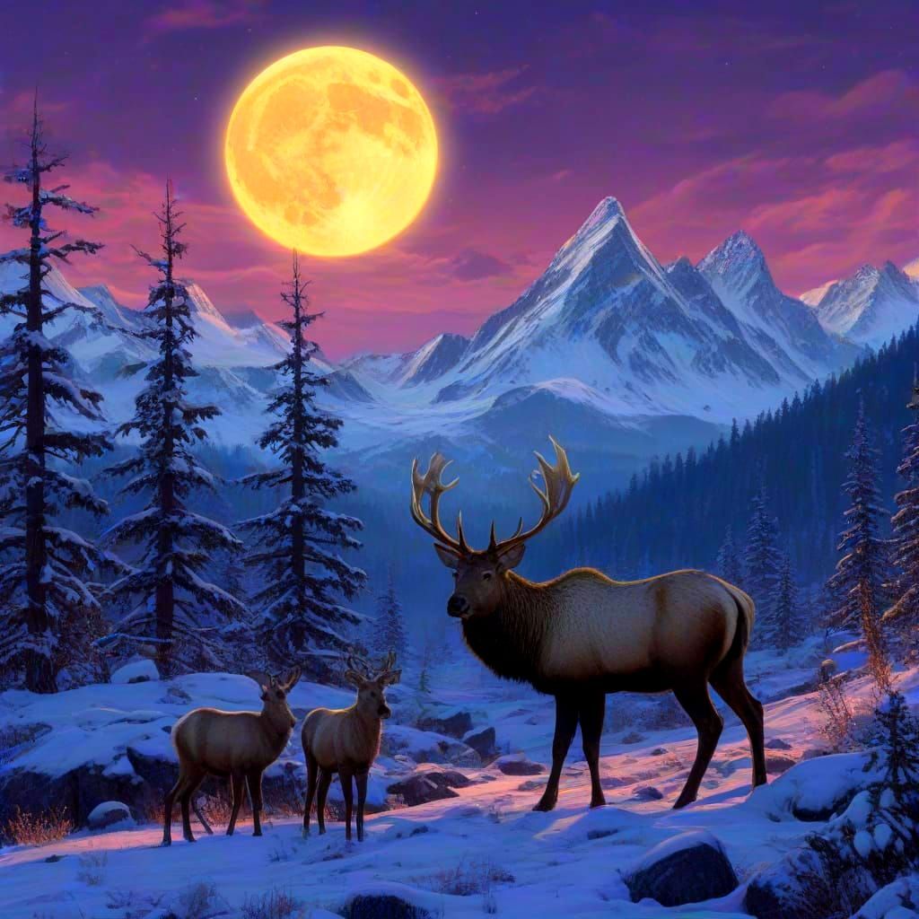 Snow-Covered Mountains Under a Full Moon