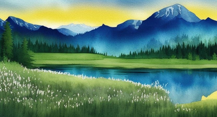 Watercolor Golden Hour Landscape with Snowy Mountains