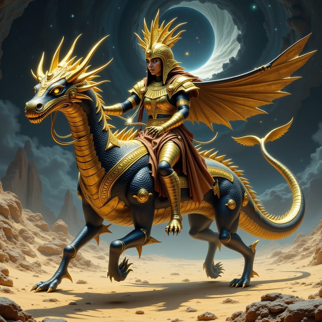 Egyptian Pharaoh Rides Akhekh Dragon in Frazetta Style