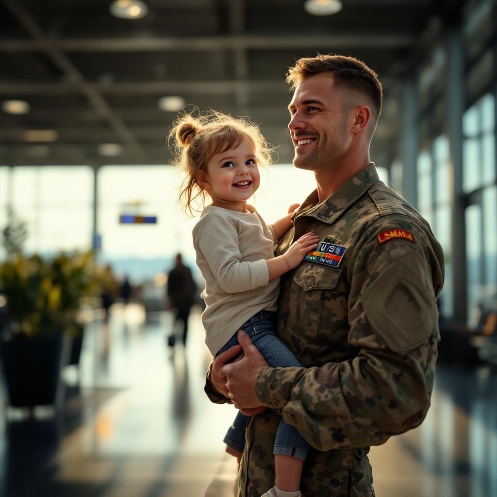 Marine Father and Daughter in Airport, Hyperrealistic Style