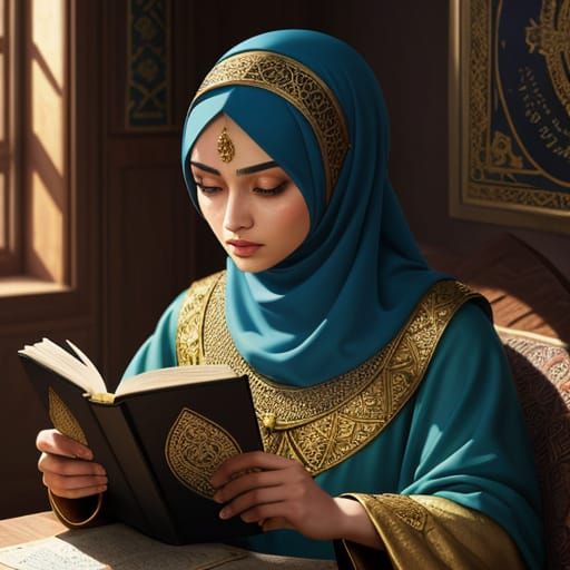 Muslim Girl Reading: Islamic Golden Age Oil Painting