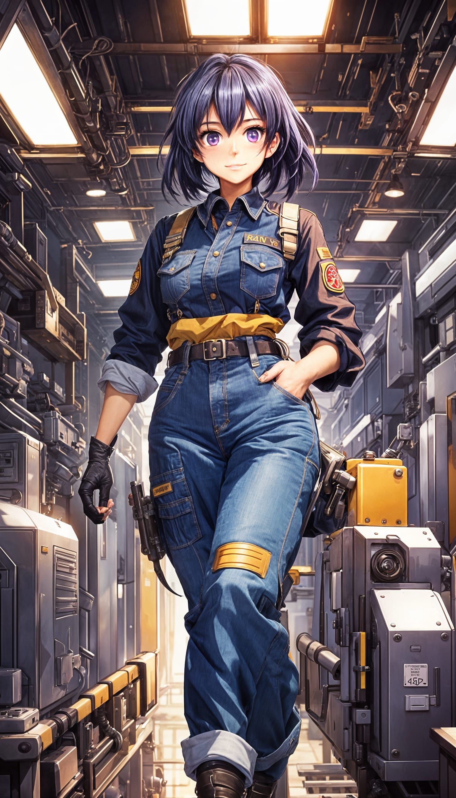 Anime Mechanic Girl in Blue Jean Uniform