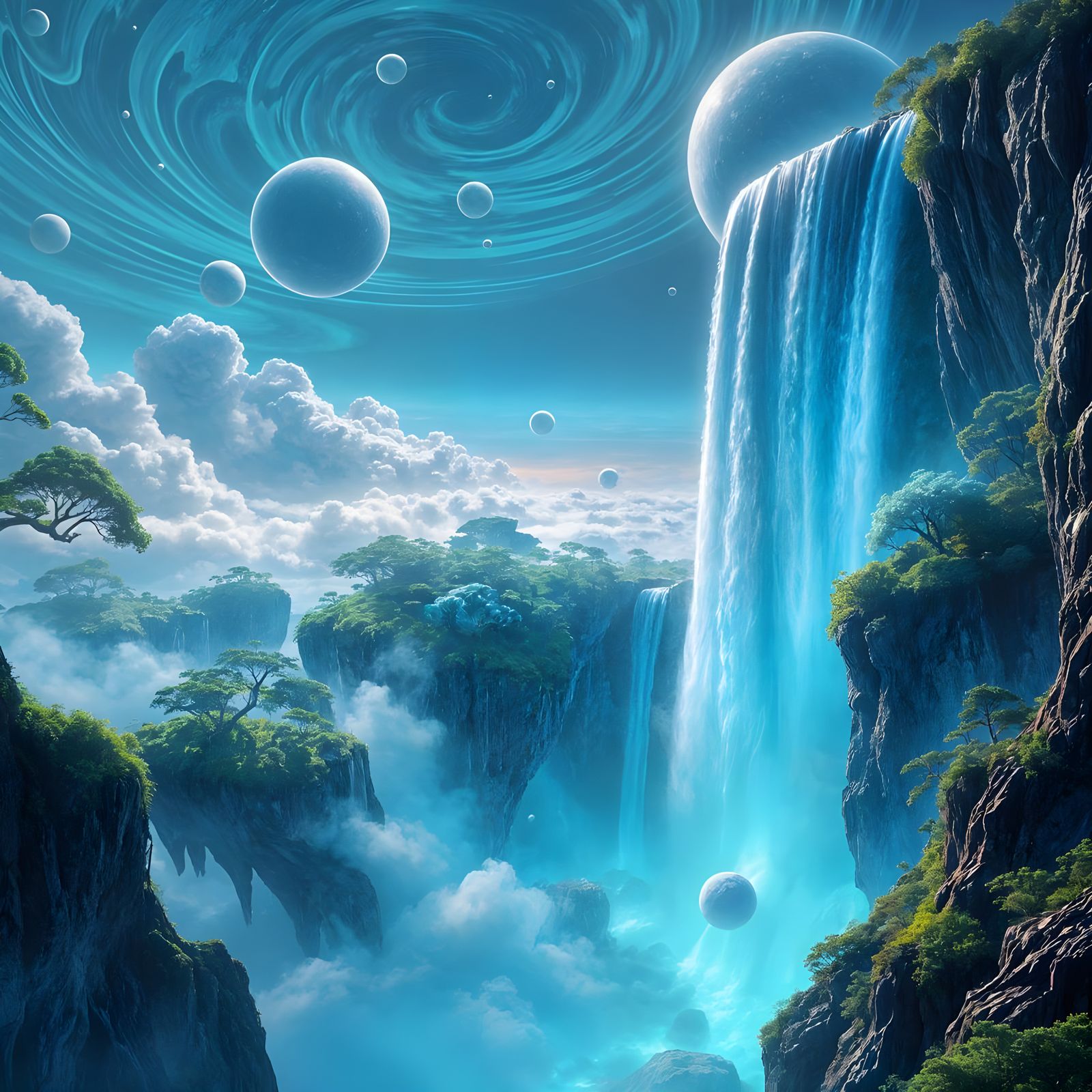 Hyperreal Waterfall on a Floating Island in a Distant World