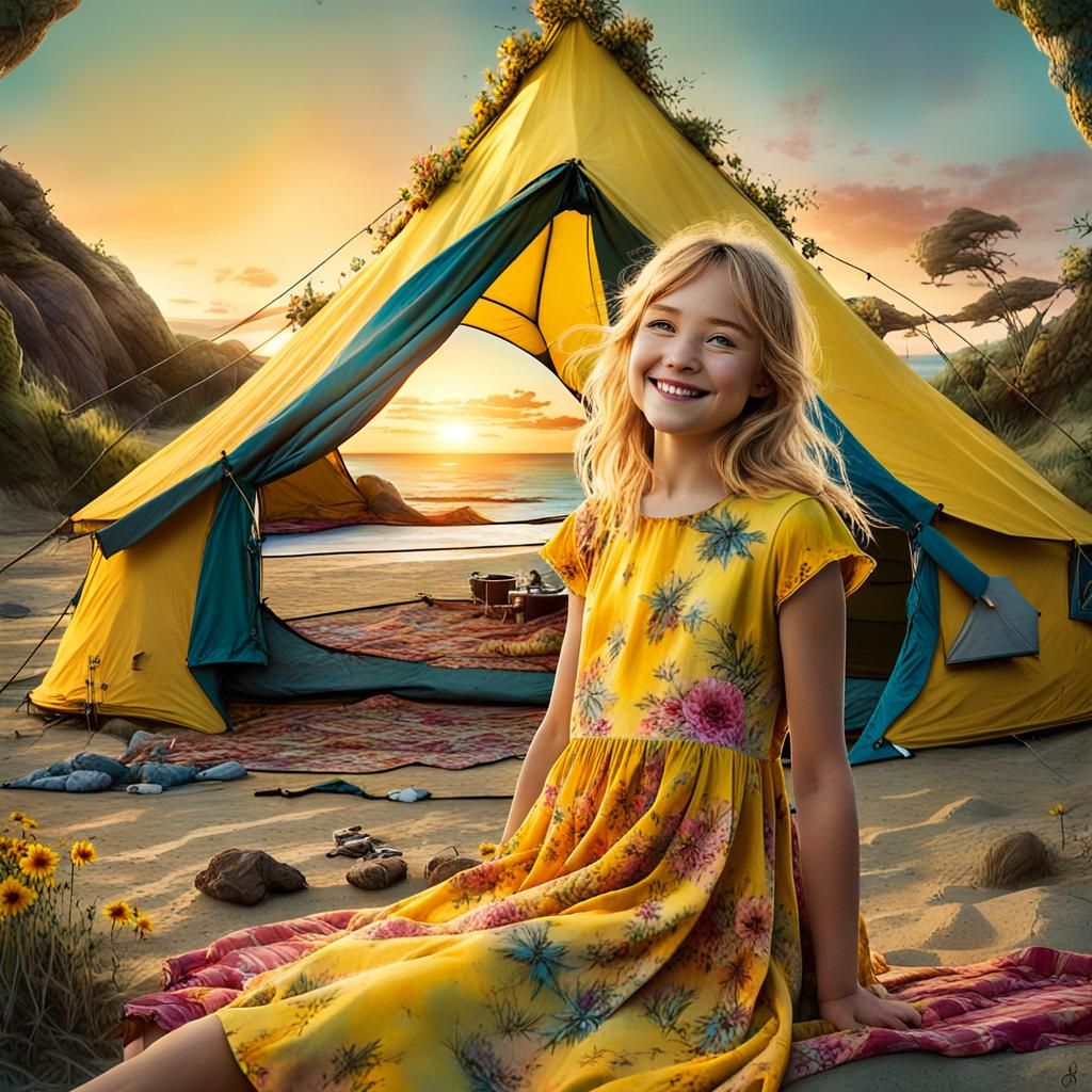 Happy Girl Camping at Sunrise: Stylized Digital Art