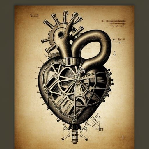 Steampunk Heart Blueprint in Renaissance Style