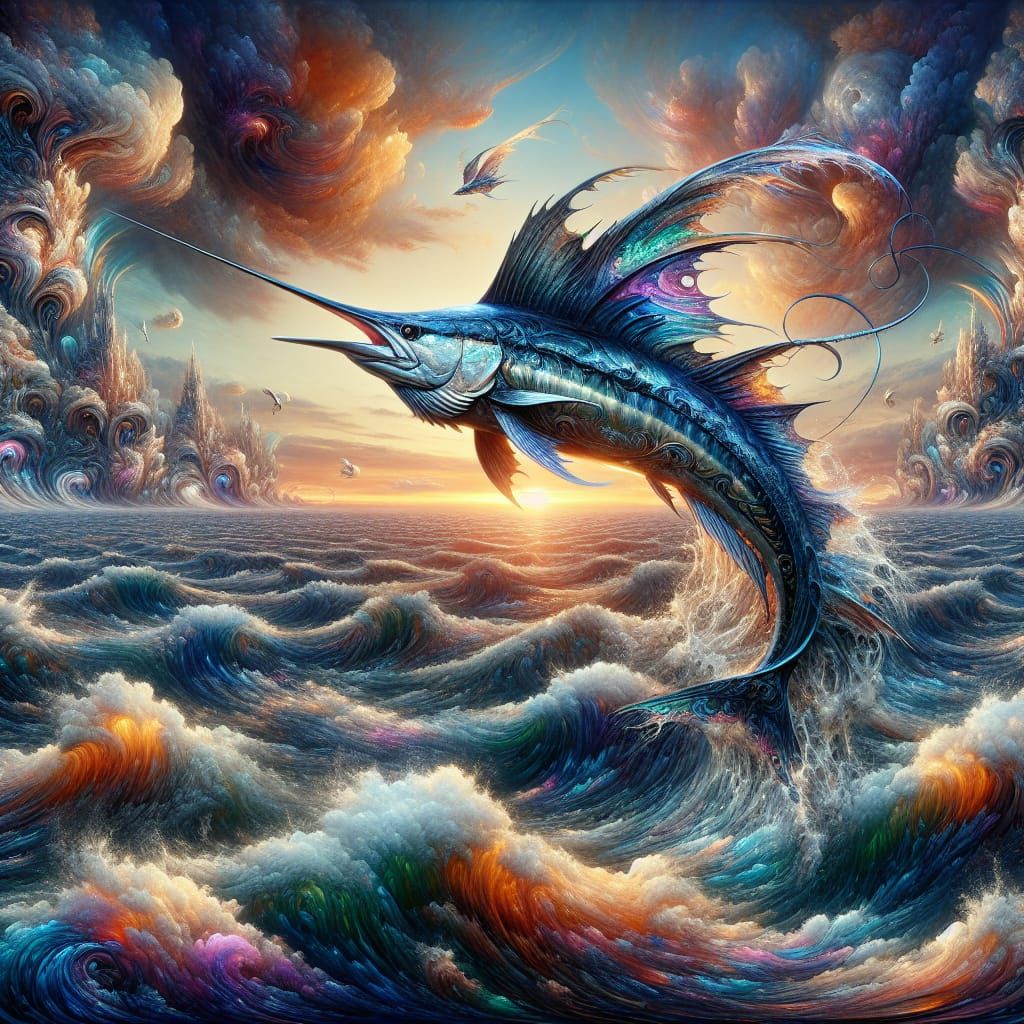 Epic Marlin Leaps in Fantasy Sunset Scene