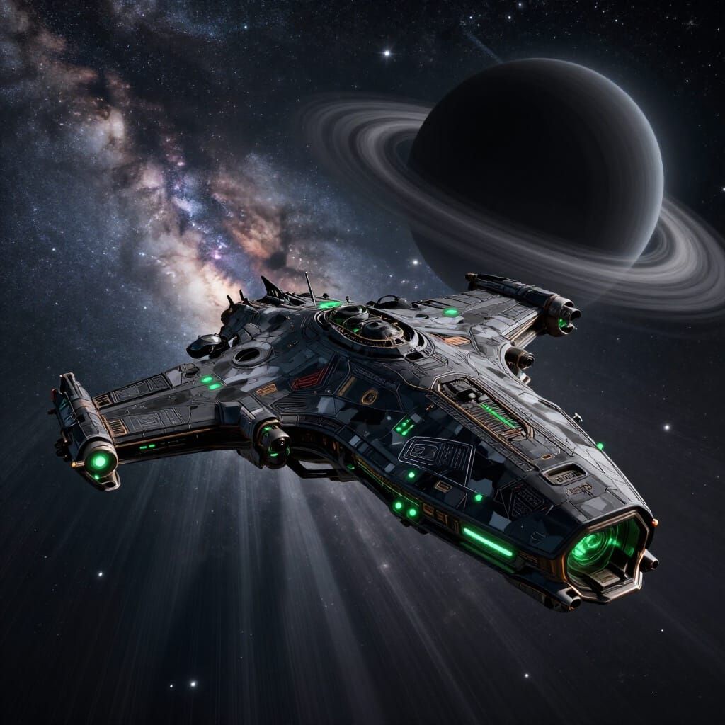 Alien Spaceship in Safari Camouflage Near Black Hole