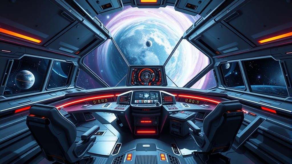 High-Tech Command Station in Futuristic Spacecraft Panorama